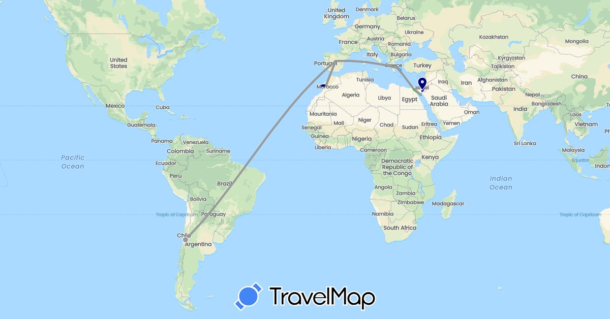 TravelMap itinerary: driving, bus, plane, hiking, boat in Chile, Egypt, Spain, Greece, Israel, Jordan, Morocco (Africa, Asia, Europe, South America)